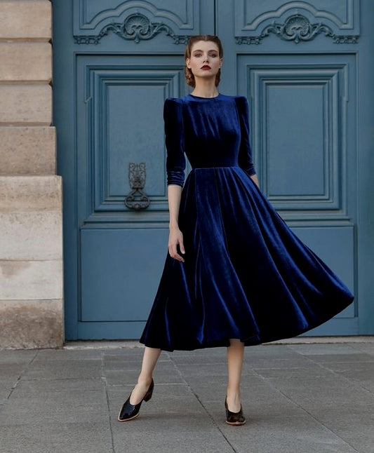 Blue Midi Puff Sleeves Velvet Dress for any Special Occasions
