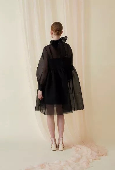 Sheer Black Organza Short Dress Long Sleeves Special Gift for Her
