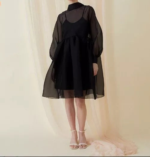 Sheer Black Organza Short Dress Long Sleeves Special Gift for Her