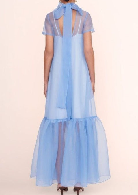 Green Organza Short Sleeve Maxi Dress Ruffle Hem Slip
