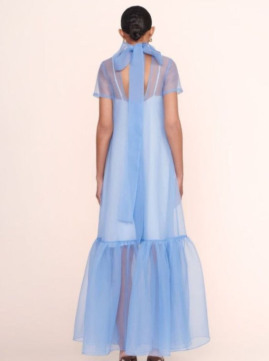 Blue Long Formal Organza Gown with Slip and Ruffle Hem Dress