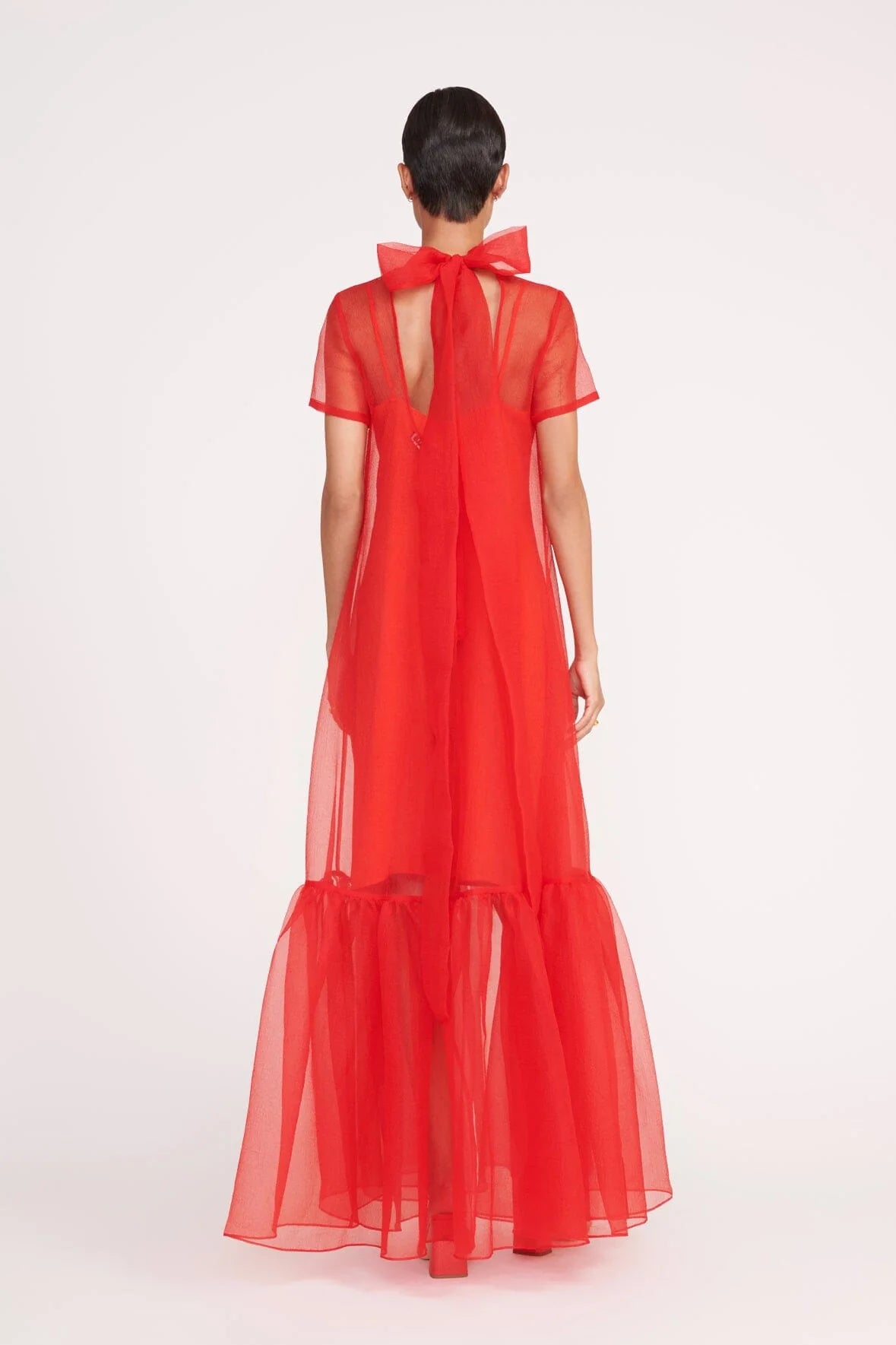 Red Organza Long Dress Bow Closure for Evening Parties
