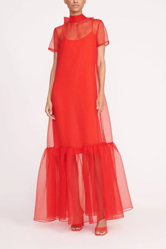 Red Organza Long Dress Bow Closure for Evening Parties