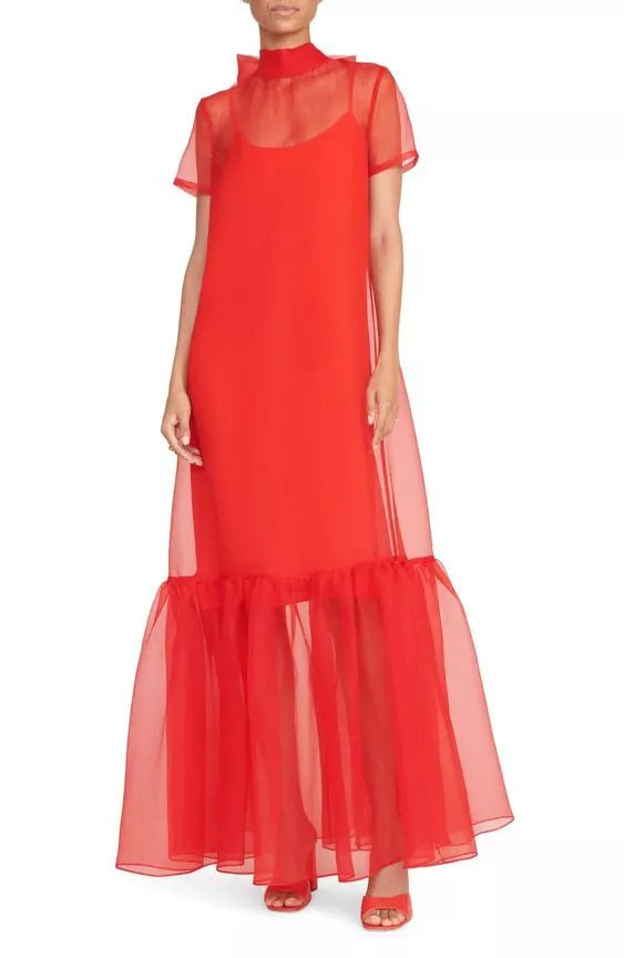 Red Organza Long Dress Bow Closure for Evening Parties