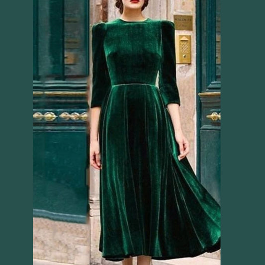 Emerald Green Velvet Midi Dress for Bridesmaid and Weddings