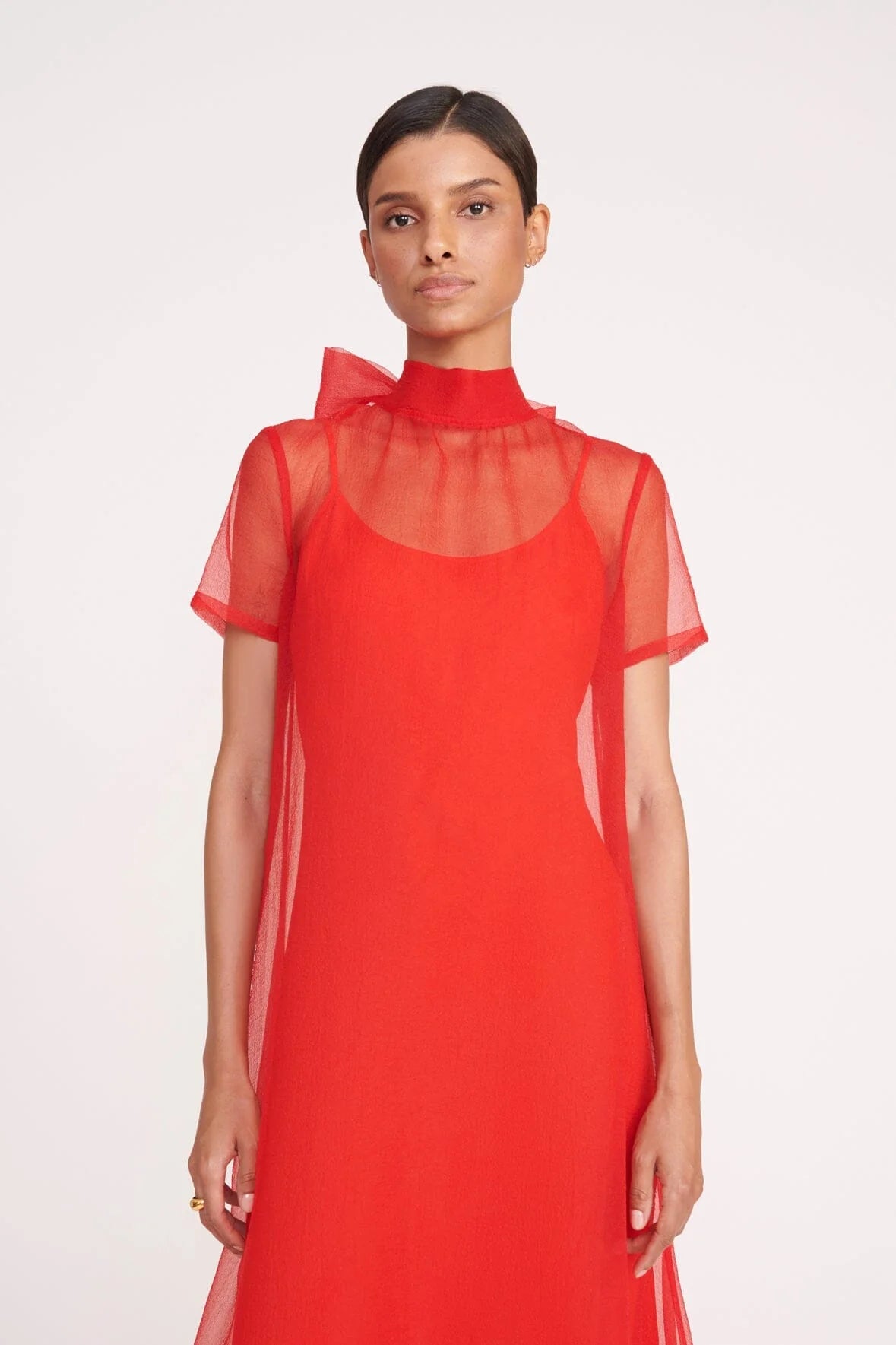 Red Organza Long Dress Bow Closure for Evening Parties
