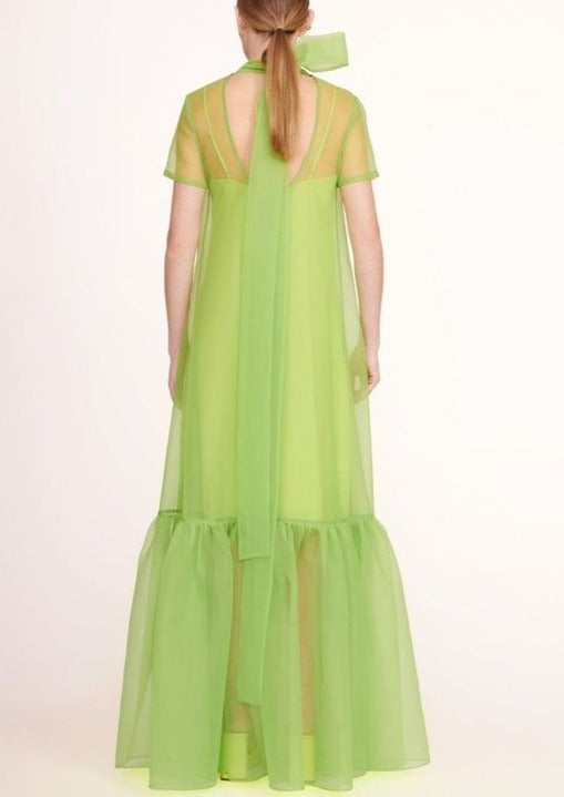 Green Organza Short Sleeve Maxi Dress Ruffle Hem Slip