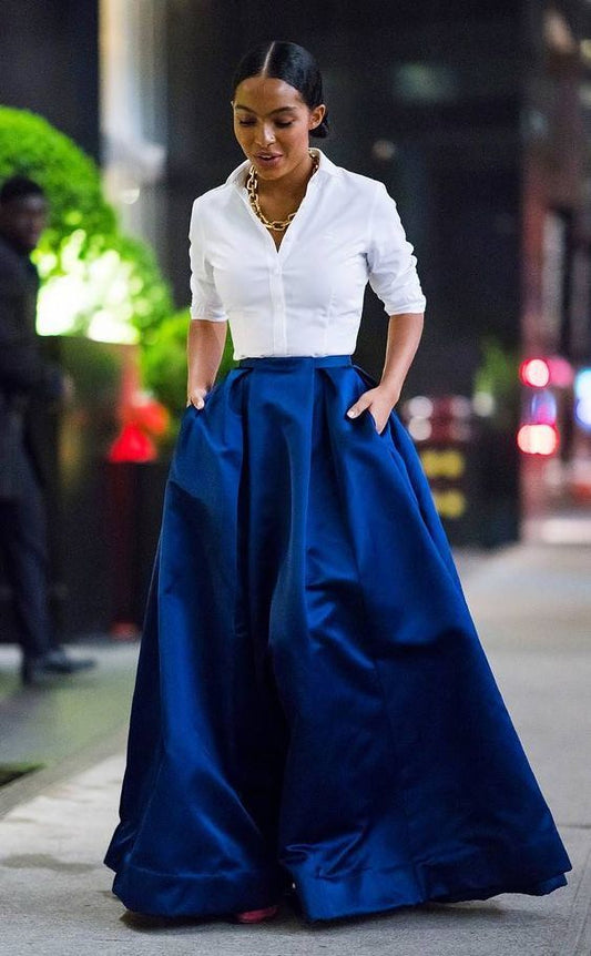 Royal Blue Silk High Waist Pleated Pocketed Evening Skirt