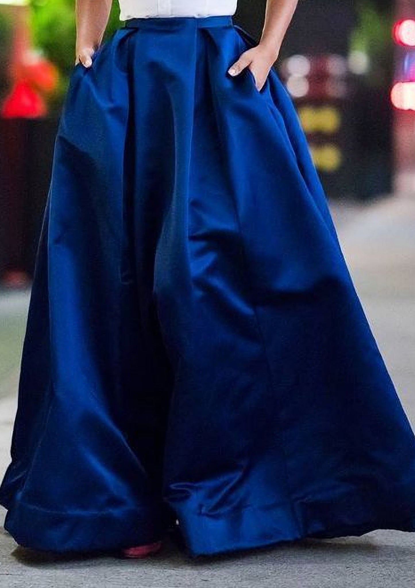 Royal Blue Silk High Waist Pleated Pocketed Evening Skirt