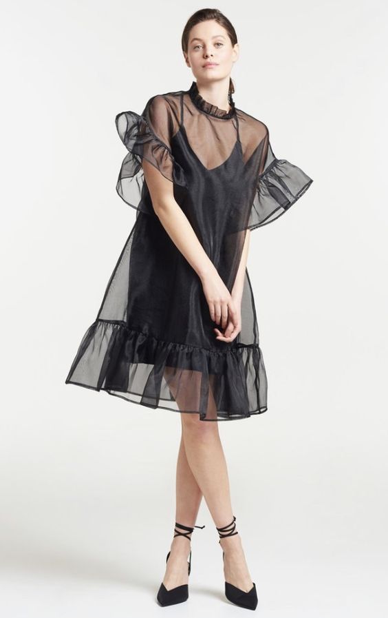 Ruffle Hem Sheer Black Organza Short Dress Slip Gift For Her