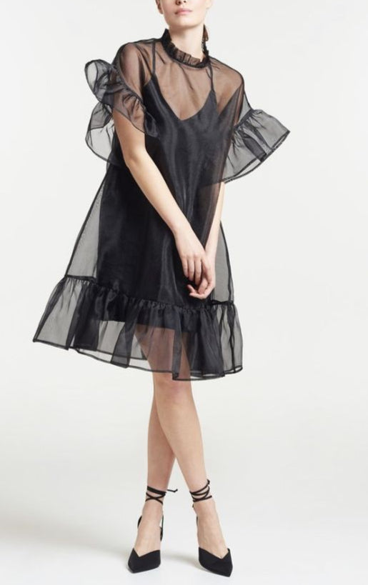 Ruffle Hem Sheer Black Organza Short Dress Slip Gift For Her