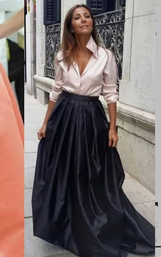 Long Black Formal Taffeta Summer Pleated and Lined Skirt
