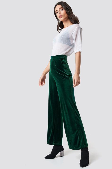 Emerald Green Velvet Wide Leg Palazzo Pants for Causal Wear