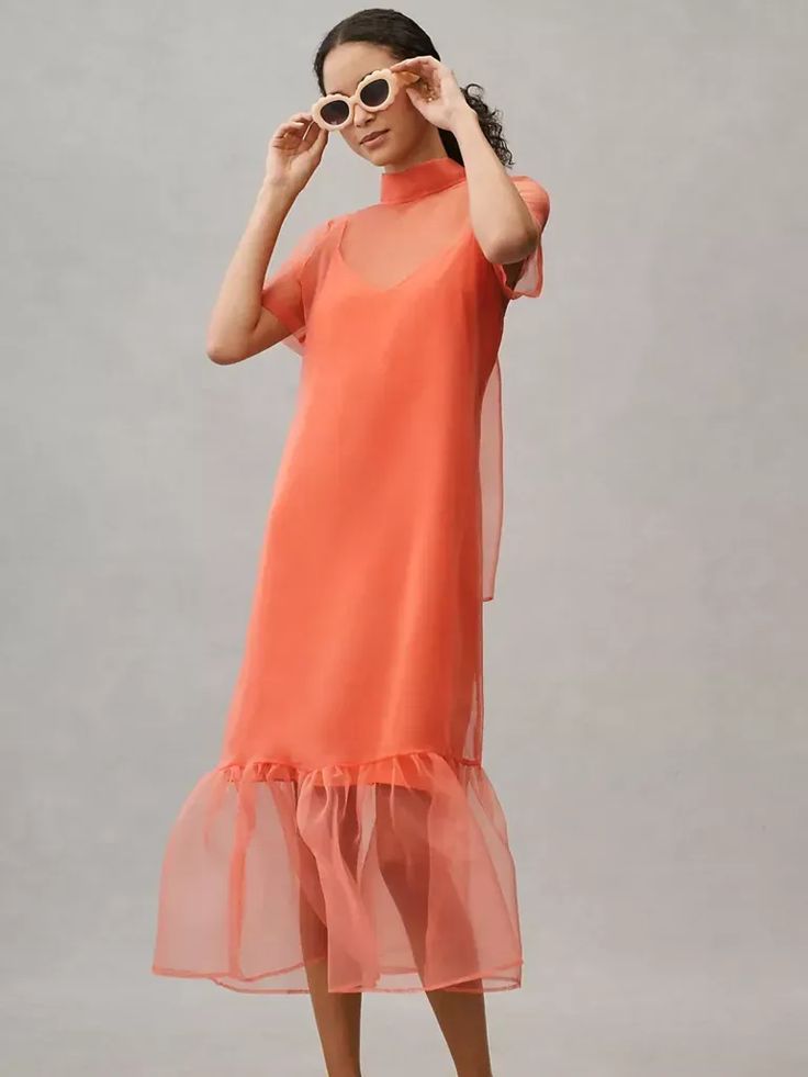 Orange Organza Dress Beach Holiday Bridesmaid Wear Gown
