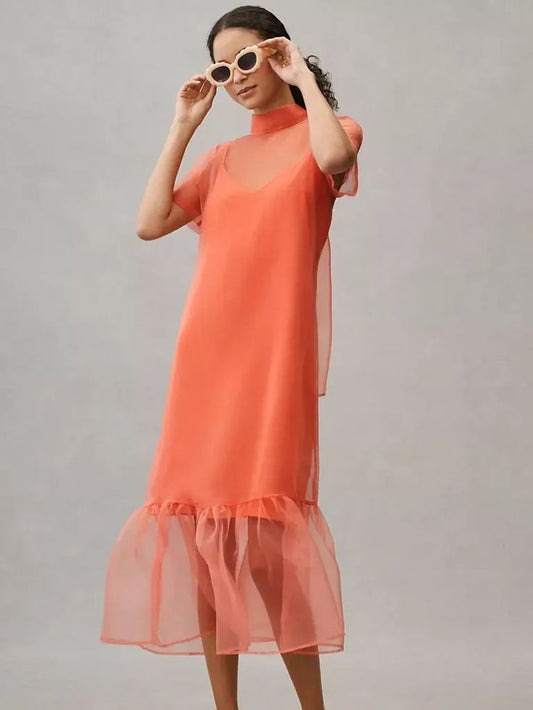 Orange Organza Dress Beach Holiday Bridesmaid Wear Gown