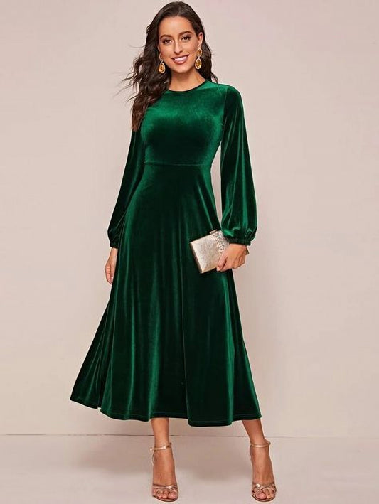 Emerald Green Long Sleeves Velvet Formal Midi Dress