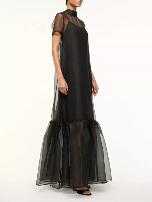 Black Organza Long Dress Ruffle Hem Wedding Gown