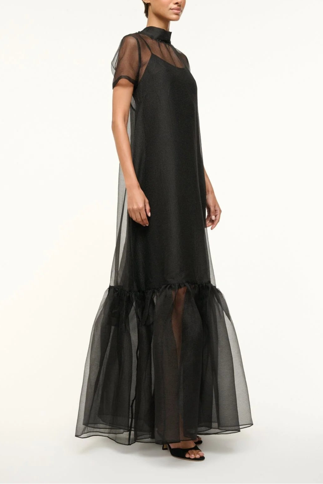 Black Organza Long Dress Ruffle Hem Wedding Gown