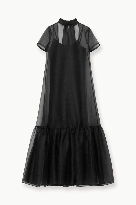 Black Organza Long Dress Ruffle Hem Wedding Gown