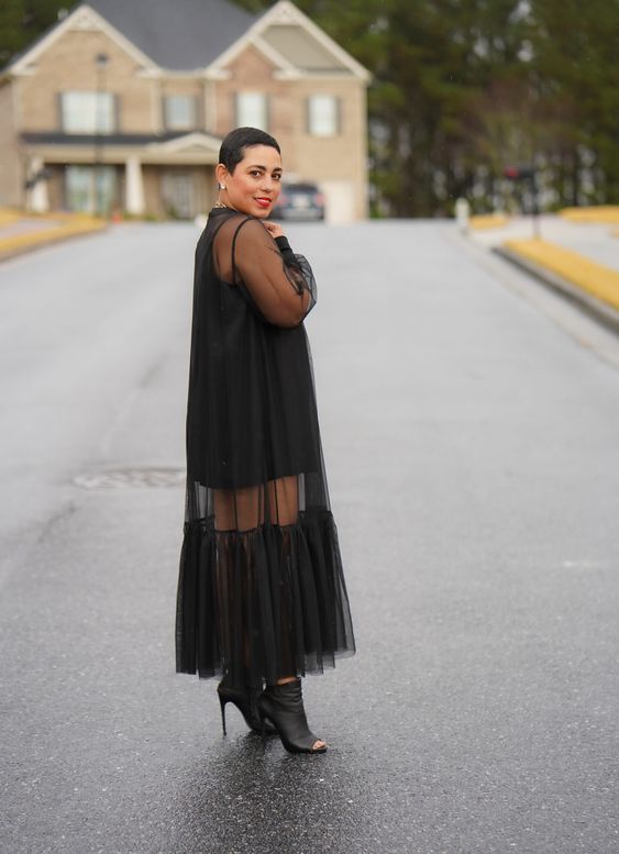 Black Full Sleeves Organza Maxi Dress for Evening Party Wear
