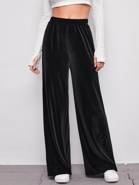 Black Velvet Palazzo Pants with Flared Legs for Evening Wear