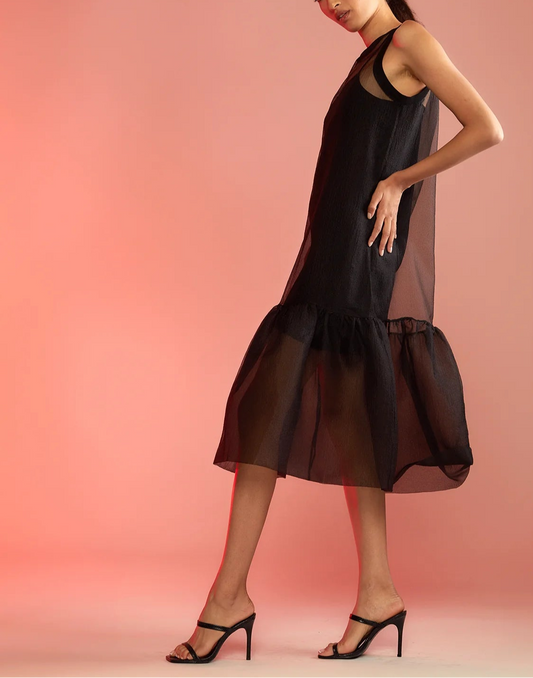 Sheer Black Organza Dress Evening Dinner Party Wear