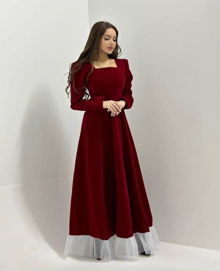 Maroon Long Sleeves and Ruffle Hem Wedding Guest Dress