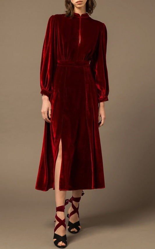 Maroon Front Slit Long Sleeves Belted Velvet Dress for Prom