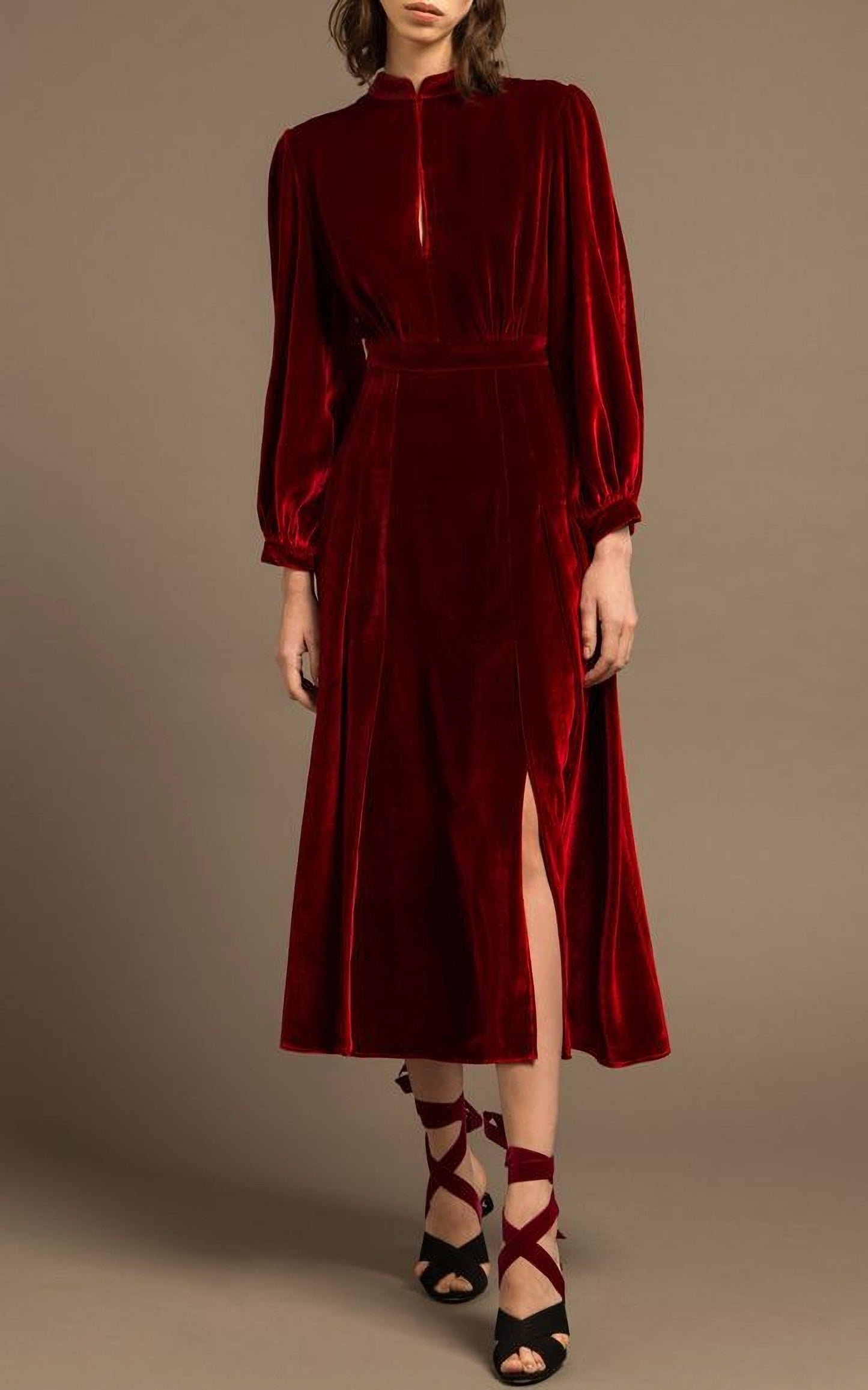 Maroon Front Slit Long Sleeves Belted Velvet Dress for Prom