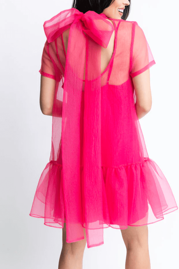 Pink Organza Short Dress With Slip and Bow Summer Wear