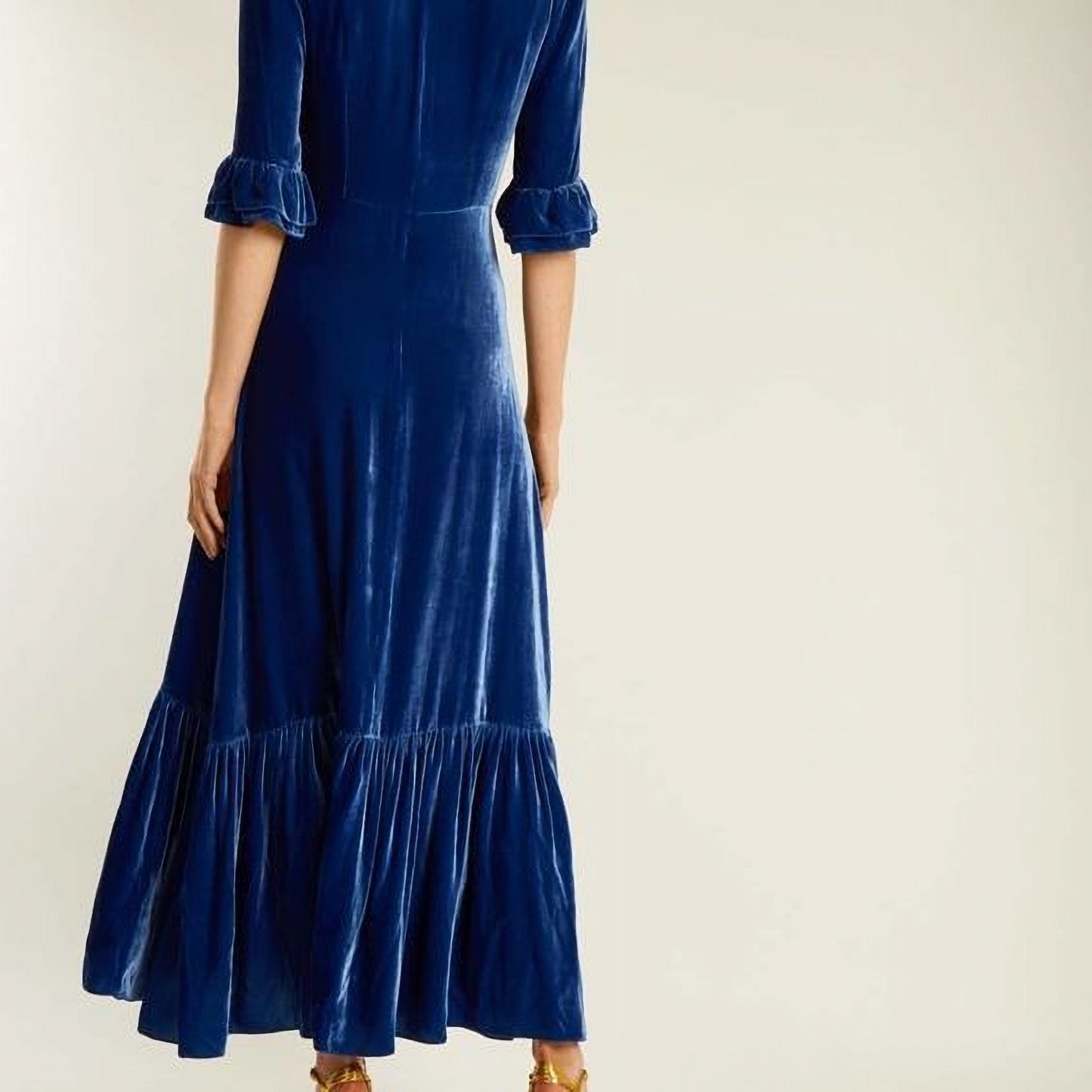 Red Velvet Maxi Dress with Ruffle Hem and Puff Sleeves