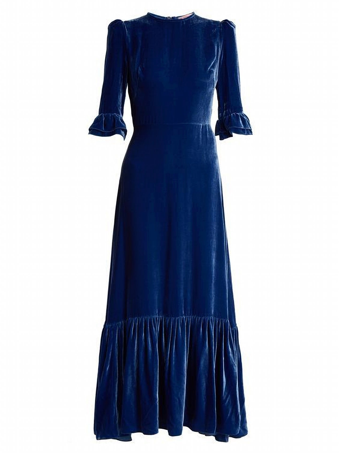 Red Velvet Maxi Dress with Ruffle Hem and Puff Sleeves