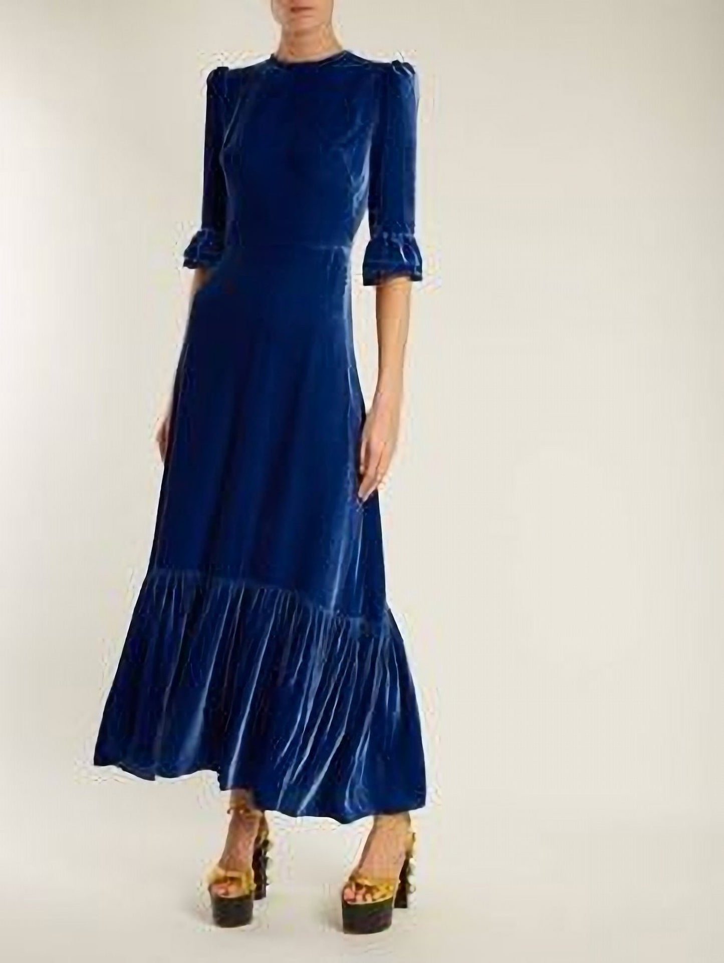 Red Velvet Maxi Dress with Ruffle Hem and Puff Sleeves