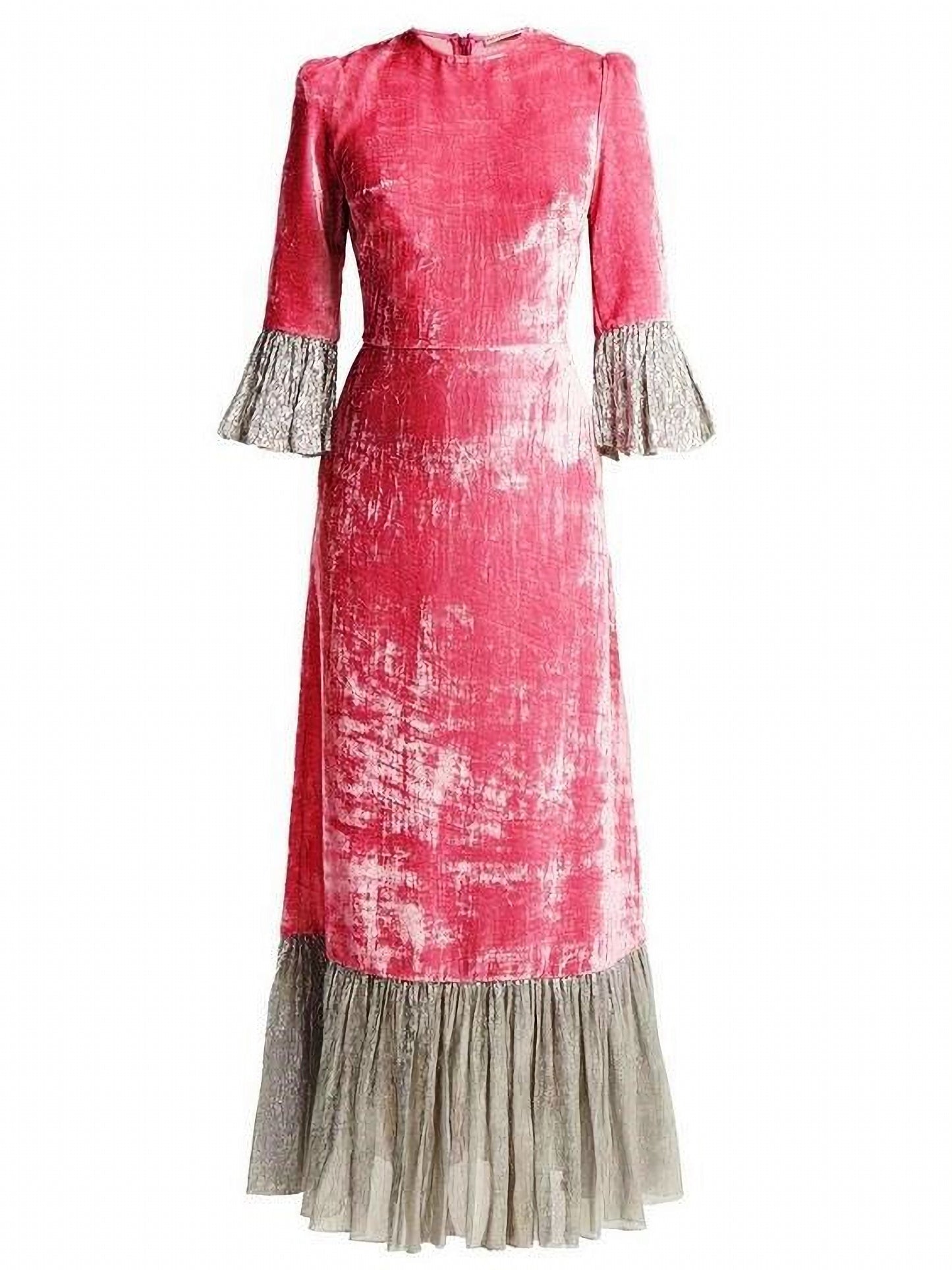 Pink Maxi Velvet Dress with Ruffle Hem and Half Sleeves