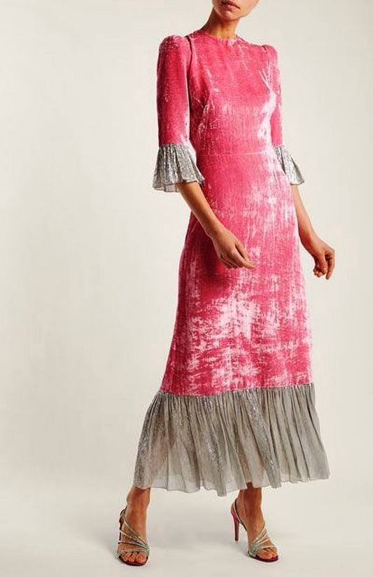 Pink Maxi Velvet Dress with Ruffle Hem and Half Sleeves