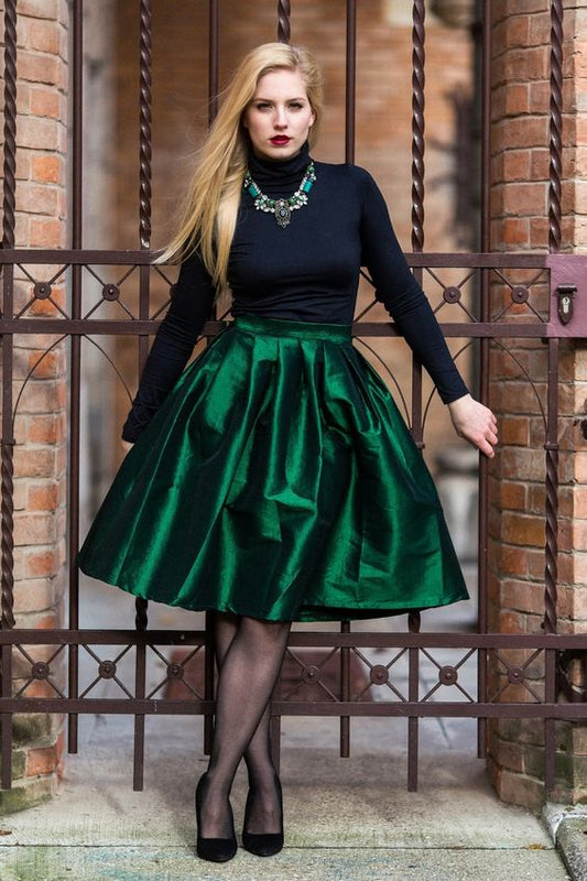 Modern Knee-Length Lined Emerald Green Taffeta Skirt
