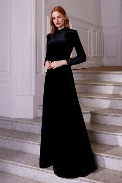 Sheer Black Long Velvet Gown with Long Sleeves for Prom