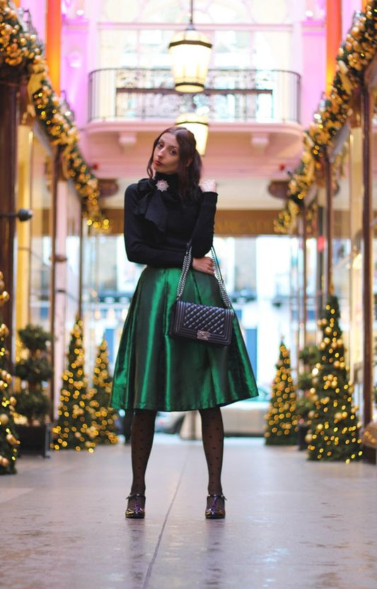 Emerald Green Knee Length One Pocket Midi Taffeta Skirt