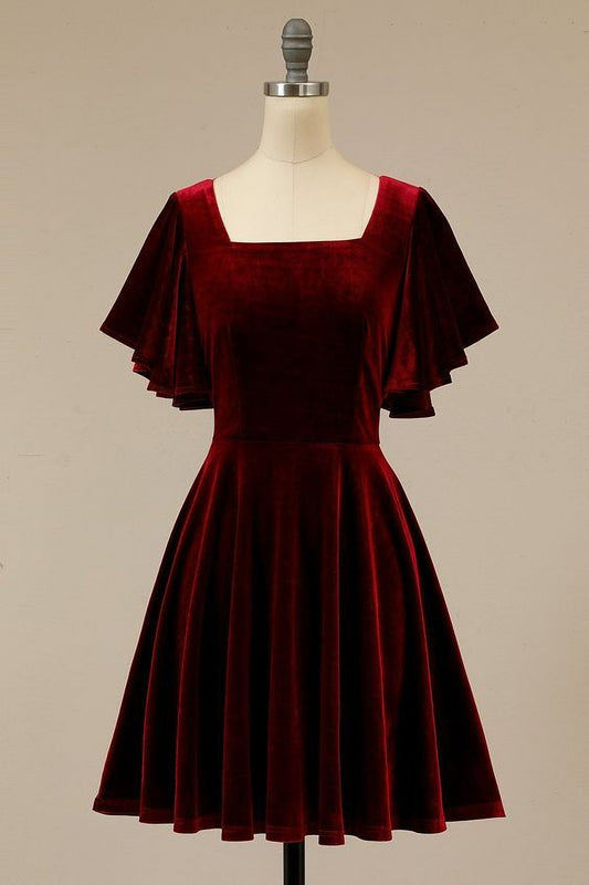 Burgundy Velvet Short Midi Bridesmaid Dress for Parties
