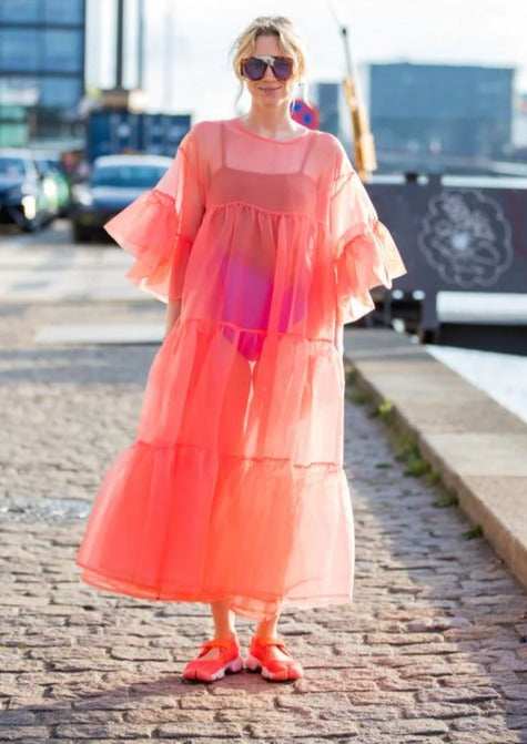 Orange Organza Maxi Dress for Beach and Party Wear