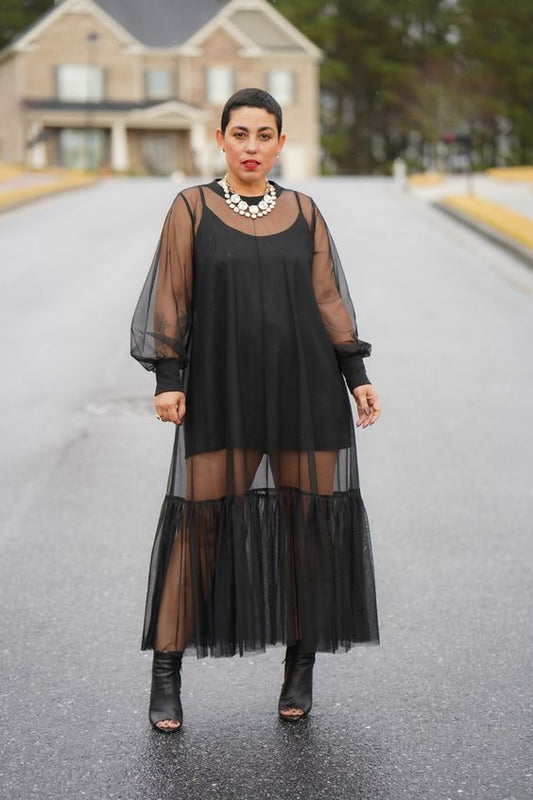 Black Full Sleeves Organza Maxi Dress for Evening Party Wear