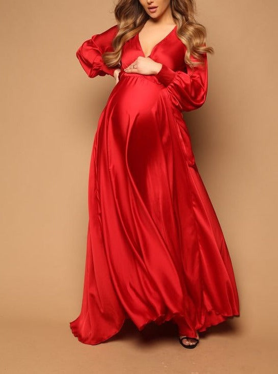 Baby Bump Red Long Satin Maxi Gown Dress for Photoshoots