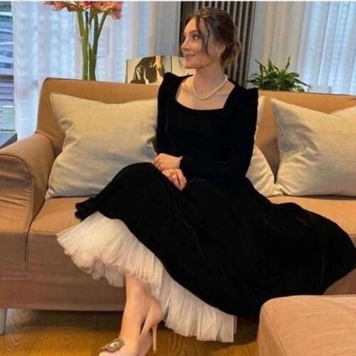 Black Velvet Long Sleeves Wedding Gown with Ruffle Hem