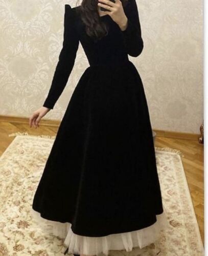 Black Velvet Long Sleeves Wedding Gown with Ruffle Hem