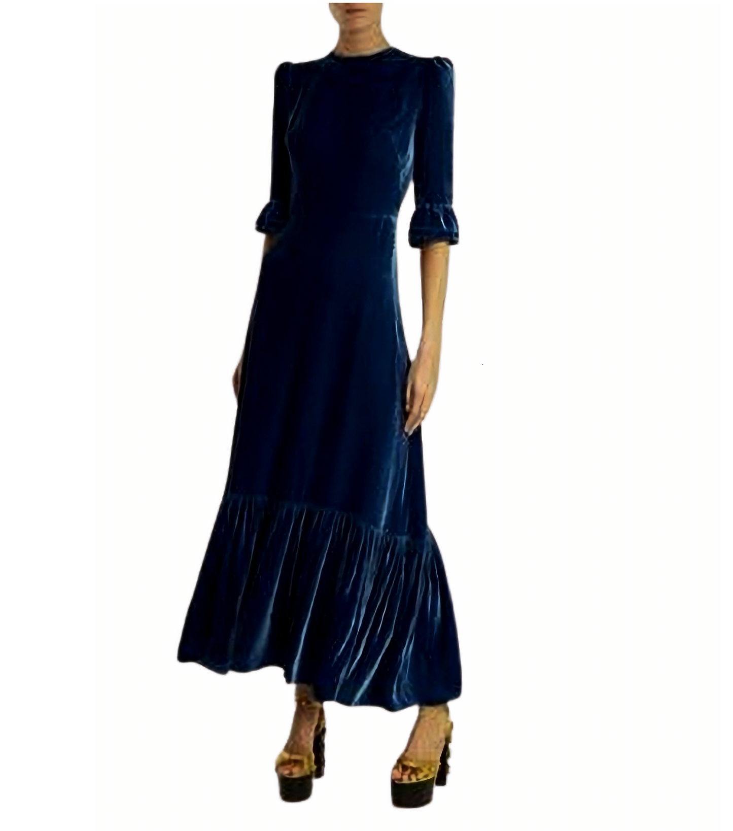 Black Long Velvet Dress with Puff Sleeves and Ruffle Hem