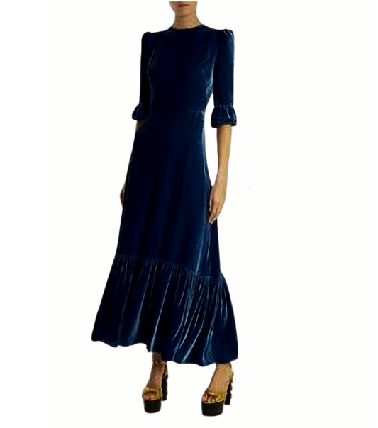 Blue Long Velvet Ruffle Hem Maxi Dress with Half Sleeves