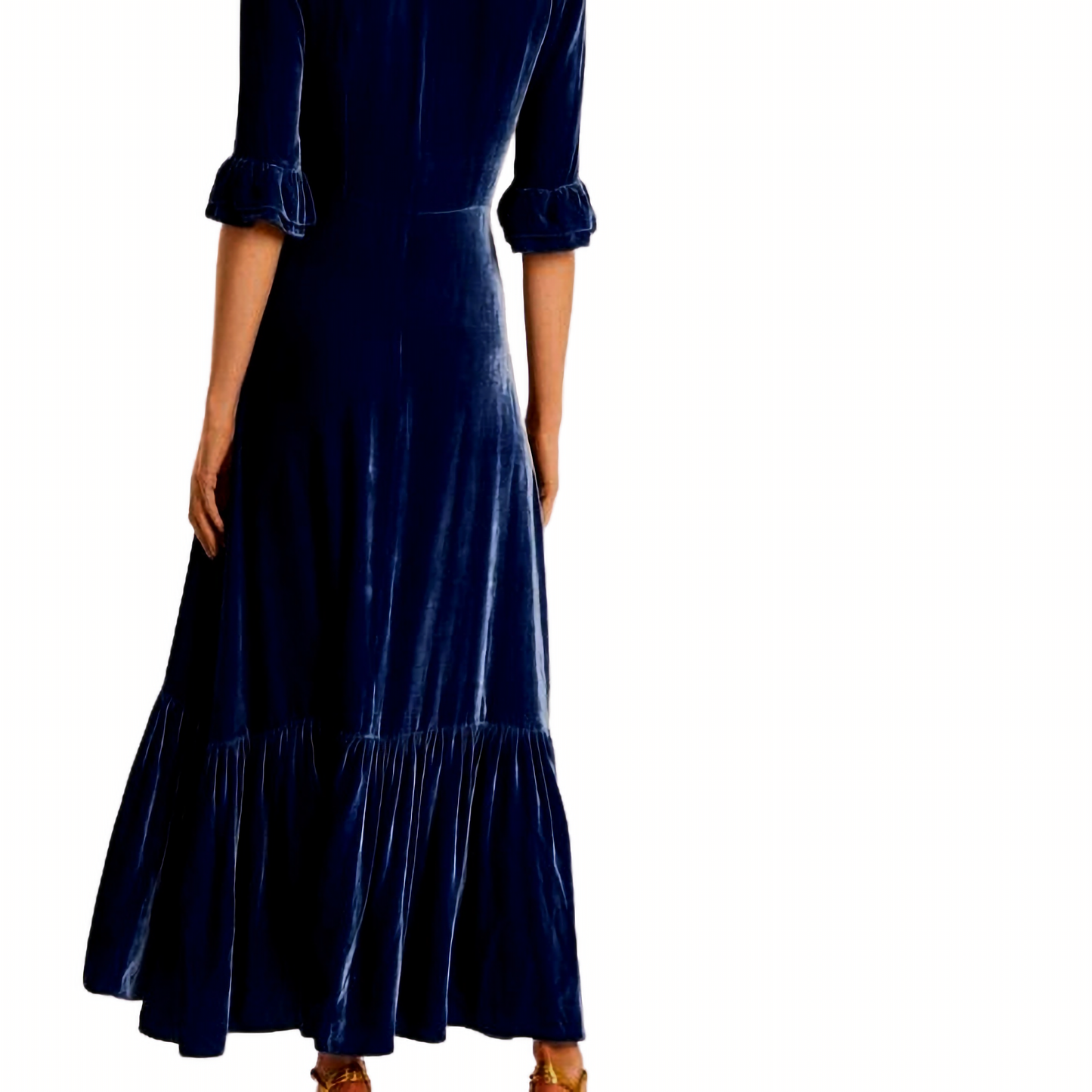 Blue Long Velvet Ruffle Hem Maxi Dress with Half Sleeves