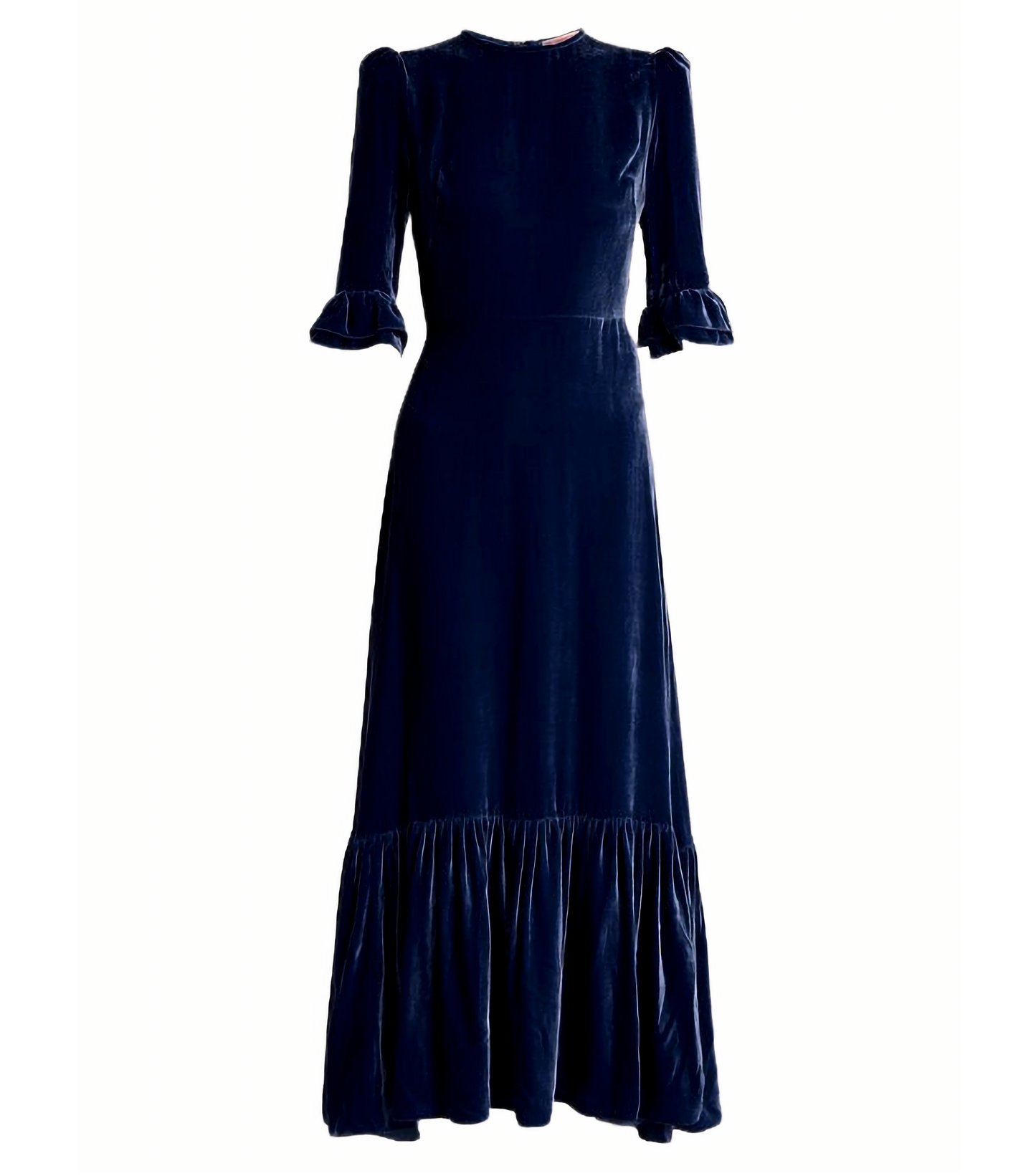 Blue Long Velvet Ruffle Hem Maxi Dress with Half Sleeves