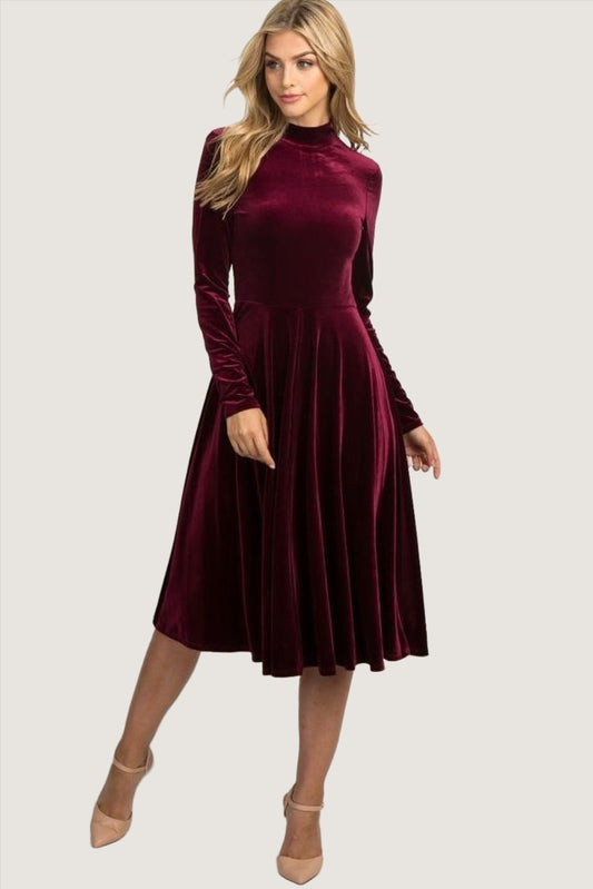 Burgundy Long Sleeves Velvet Midi Dress for Special Evenings