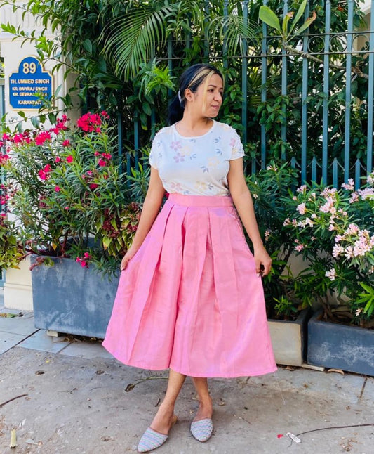 Pleated Pink Silk Midi Skirt For Wedding Bridesmaid Dinner